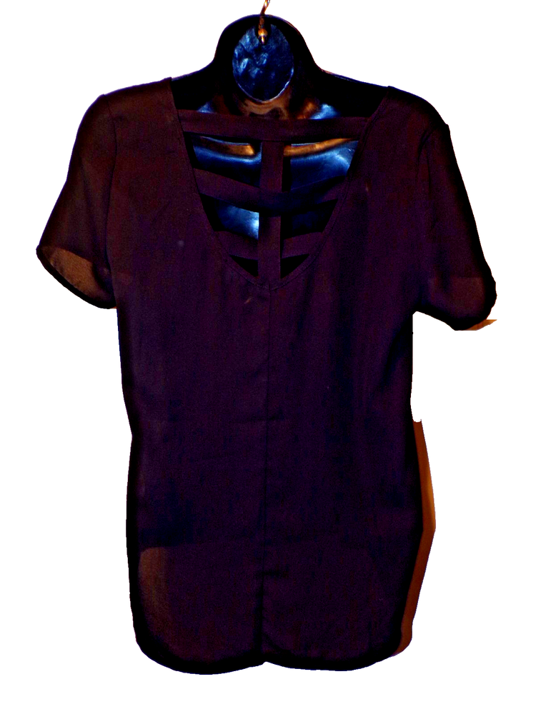 Lily White Lattice Back Black Sheer Tee Blouse Short Sleeve Small Top New LB1