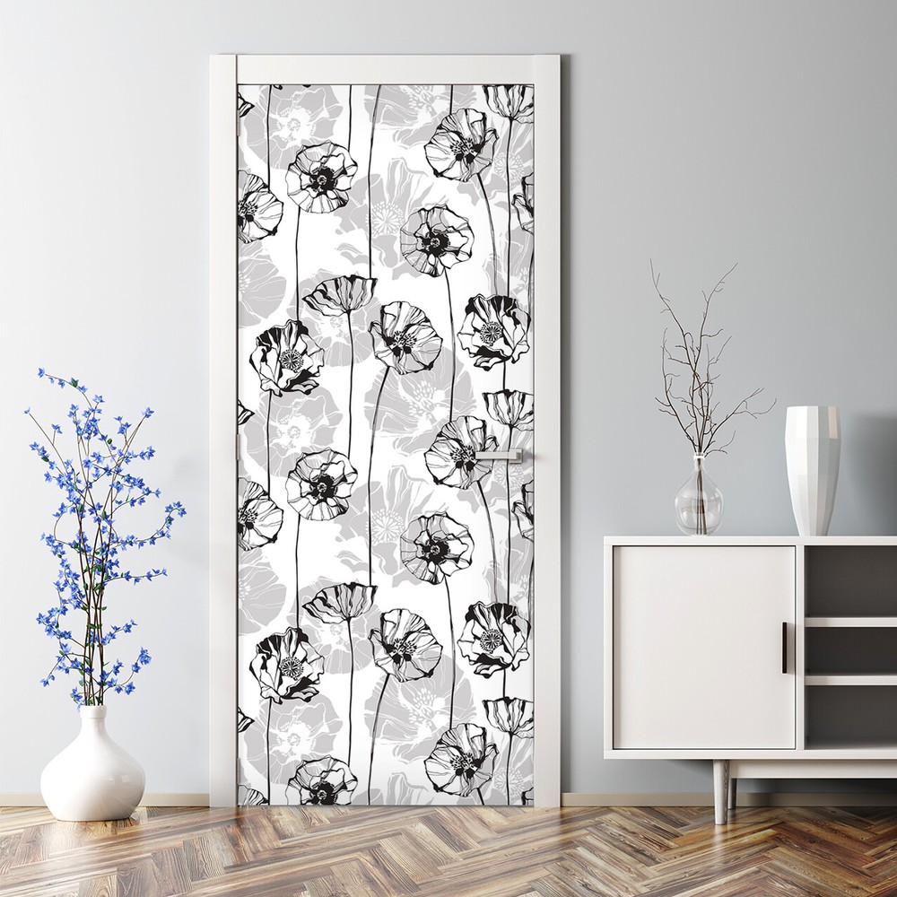 Bubble Free Door sticker Monochrome with poppies Floral elegant Hand-drawn style