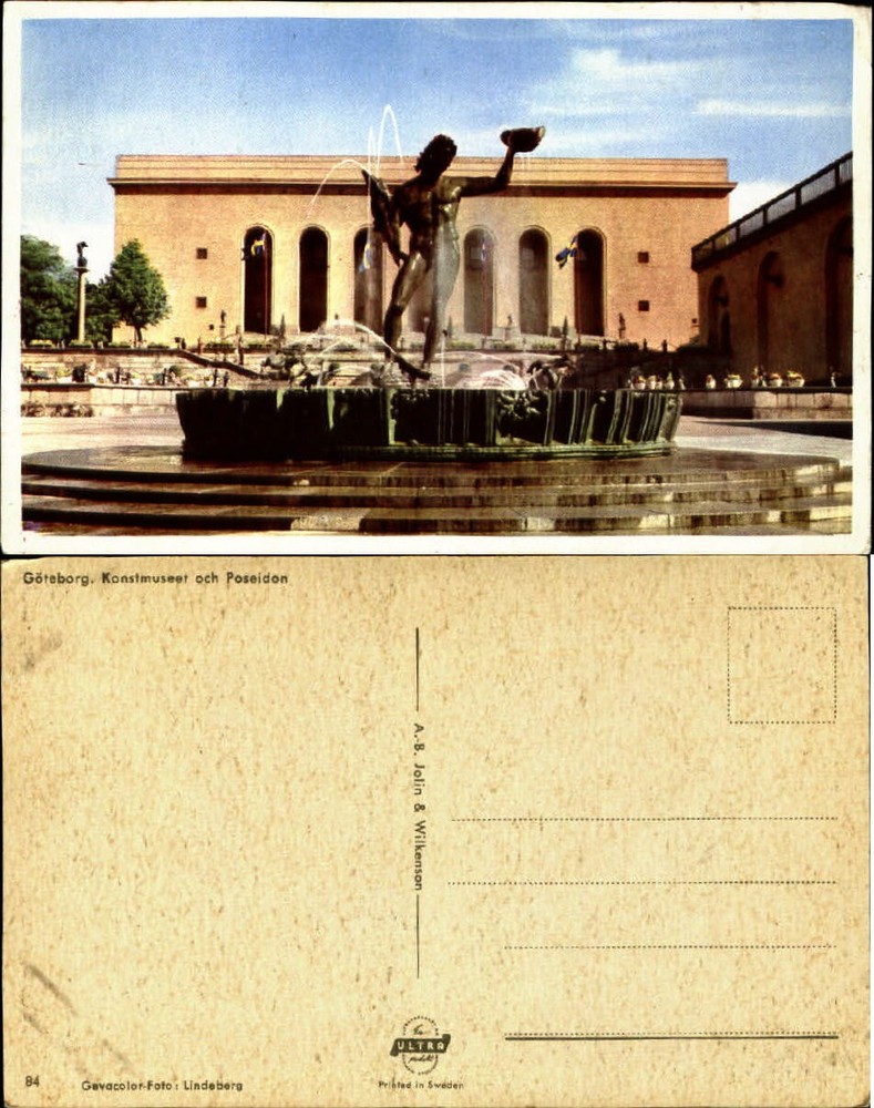Goteborg Gothenburg Sweden Poseidon fountain Museum of Art vintage postcard
