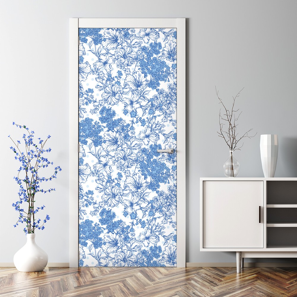 Bubble Free Door sticker Summer bouquet Blue floral self adhesive art