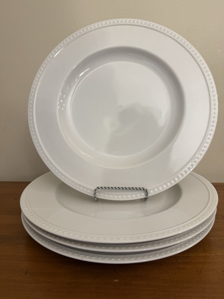 Set of 4 Crate & Barrel Staccato Bead White 11” Dinner Plates by Kathleen Wills