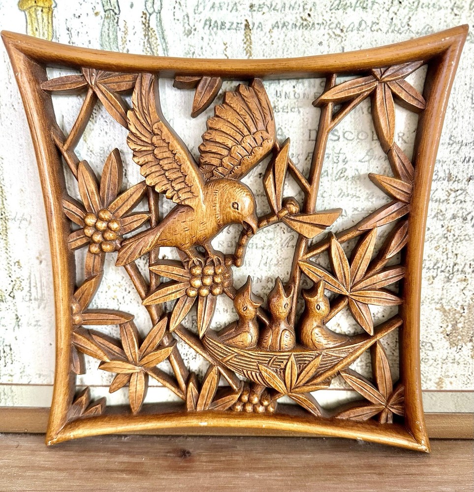 Vintage Mid Century Modern Syroco Wood/Resin Wall Plaque Openwork Design-Birds