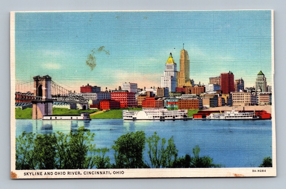 Vintage Cincinnati Ohio Skyline & Ohio River Linen Postcard Curt Teich