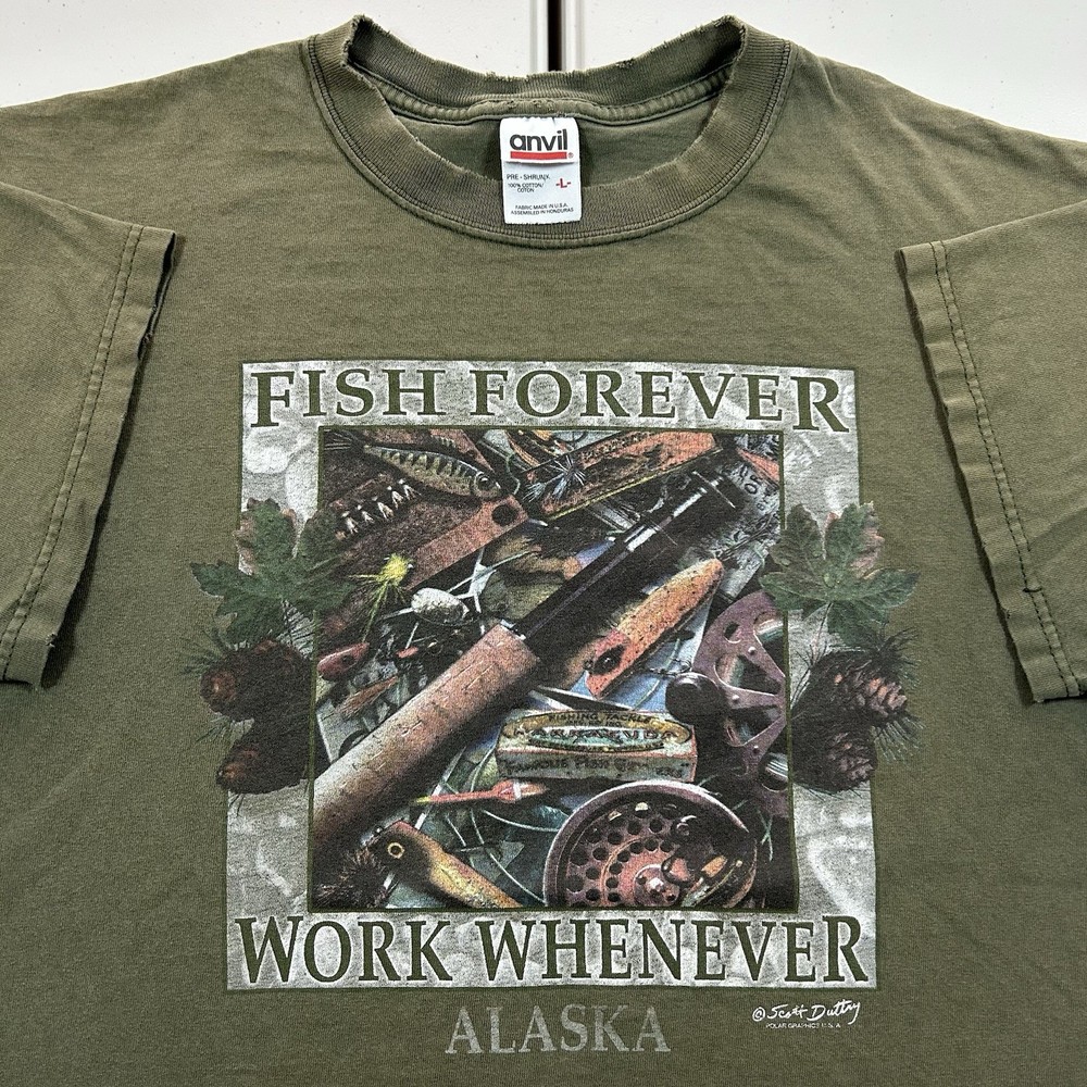VTG 90s Fish Forever Work Whenever Graphic Shirt Size Large Funny Comedy Nature