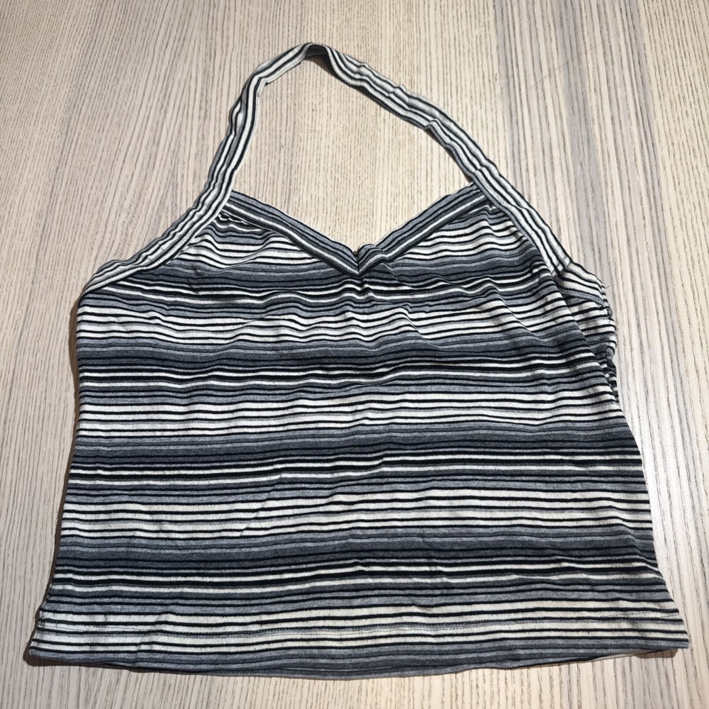 Vintage RAD Weavers Striped Halter Top Crop Tank Gray Black White Size Large Y2K