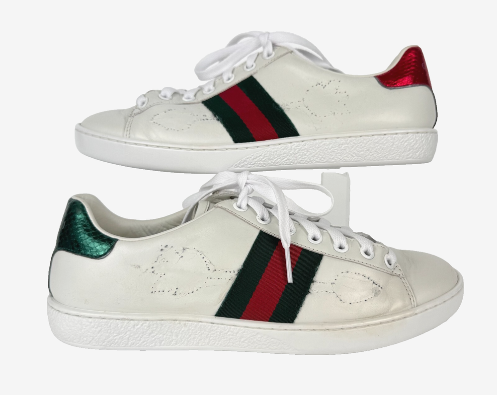 Gucci Women Auth 6.5 US 36.5 EU Ace Web White Leather Sneakers Shoes NO Arrow