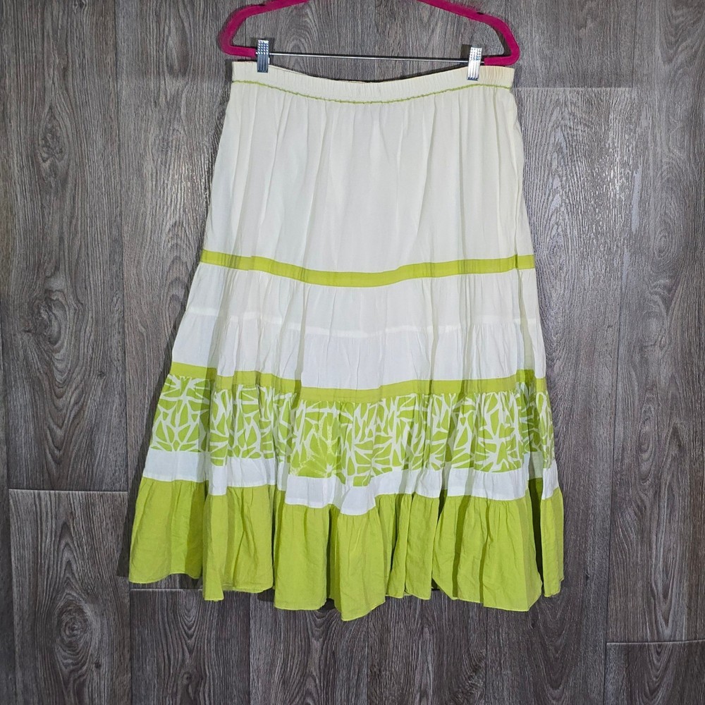 Kaktus Tiered Maxi Skirt 1X White Green Boho Cotton Gauze Elastic Waist