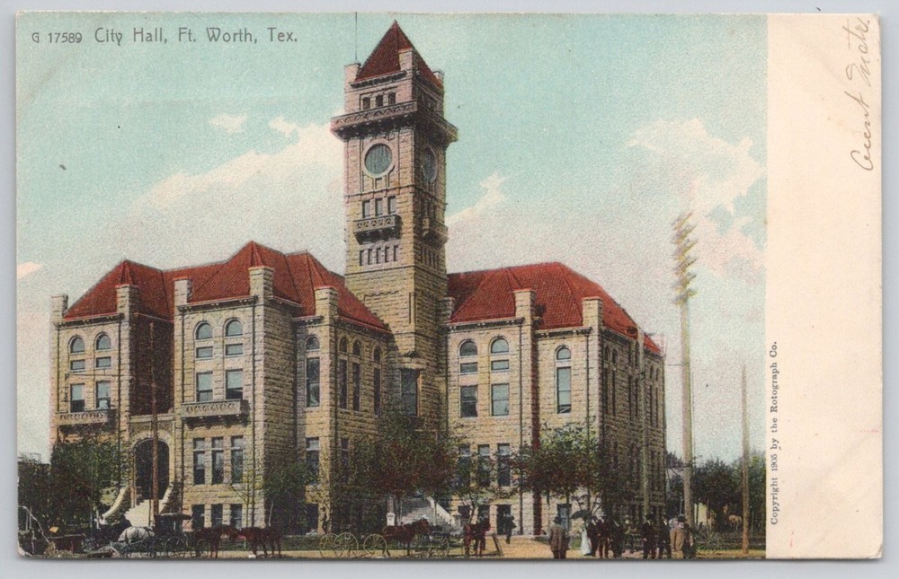 1908 Fort Worth TX City Hall Rotograph Postcard Texas Architecture Vintage