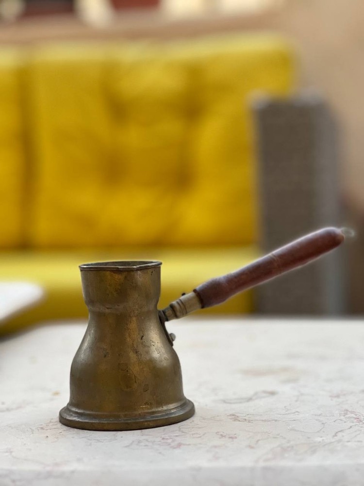 Vintage Brass Turkish Coffee Pot Wooden Handle Rustic Decor Cezve Ibrik