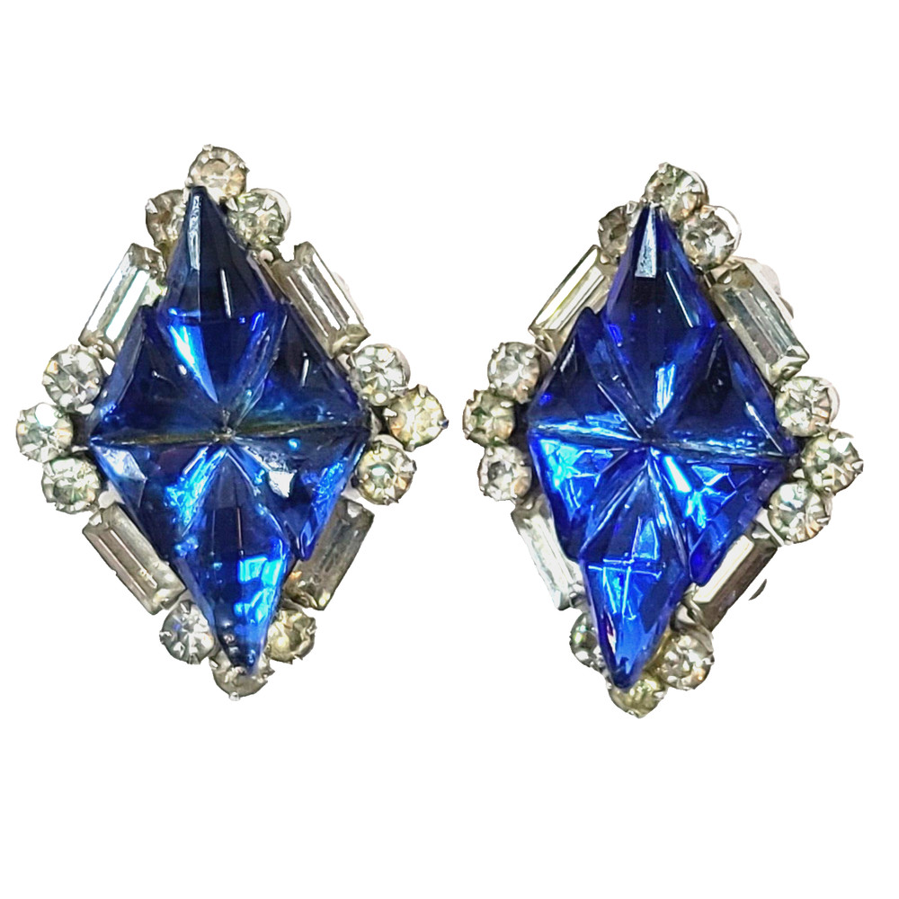Coro 50s Sapphire Glass Clip-On Earrings Clear Baguette Round Rhinestones VTG