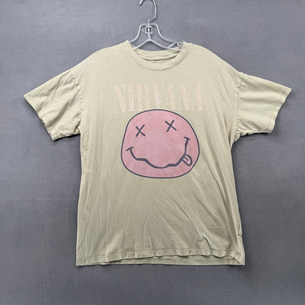 American Eagle Nirvana T Shirt Band Tee Khaki Pink Smiley Face Graphic XS/S