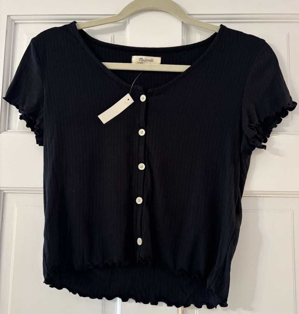 NWT Madewell Womens Black CropShort Sleeve Blouse Medium
