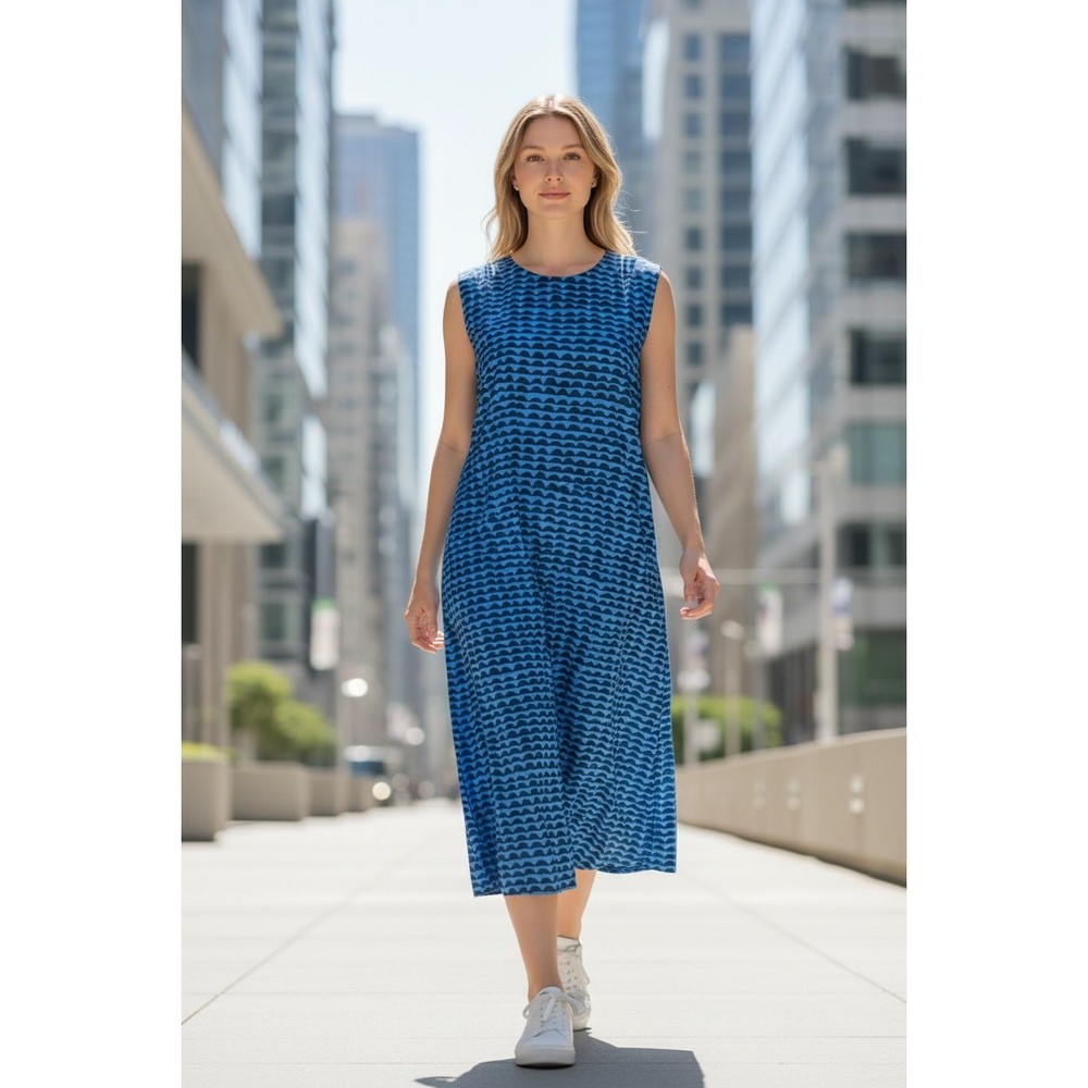 Marimekko x Uniqlo Blue Graphic Sleeveless Tent Dress L Cotton Midi Pockets