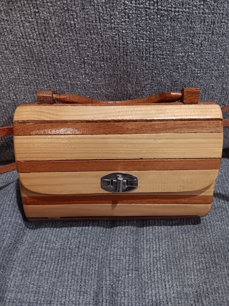 Vintage Wooded Hand Bag With Wooden Handle And Leather Strap