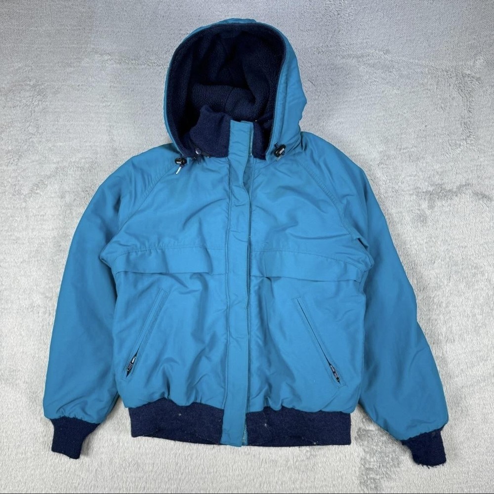 VINTAGE Lands' End Jacket Womens Small Blue Hooded Fleece Lined Made in USA 90s