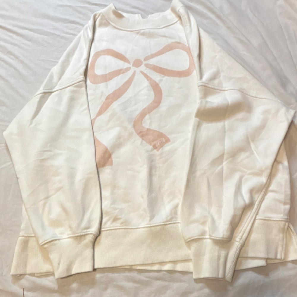 Aerie Ivory Pink Bow Graphic Pullover Sweatshirt Pearl Button Crew Neck S