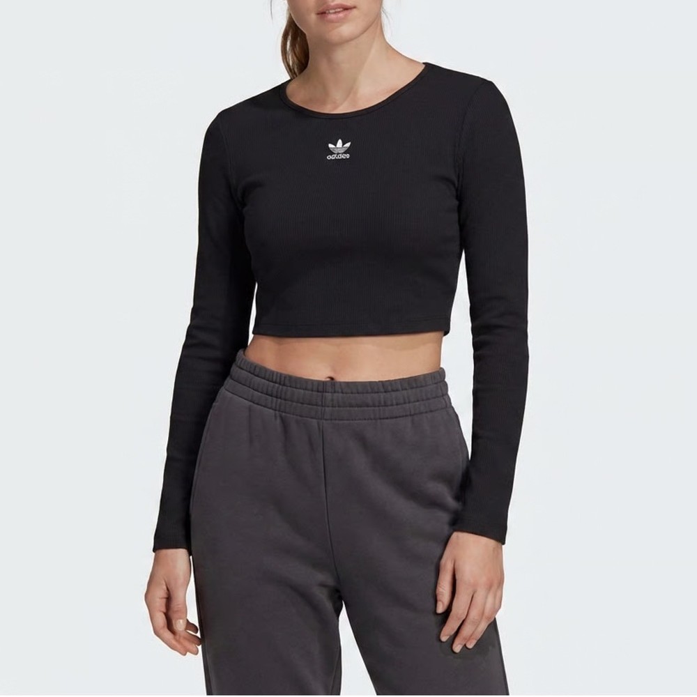 Adidas Originals Womens ESS Crop LS Black Ribbed Long Sleeve Top Size M