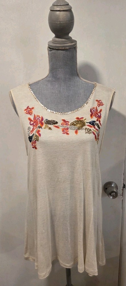 Anthropologie W5 Medium Beige Floral Embroidered Sequin Neck Tank Top