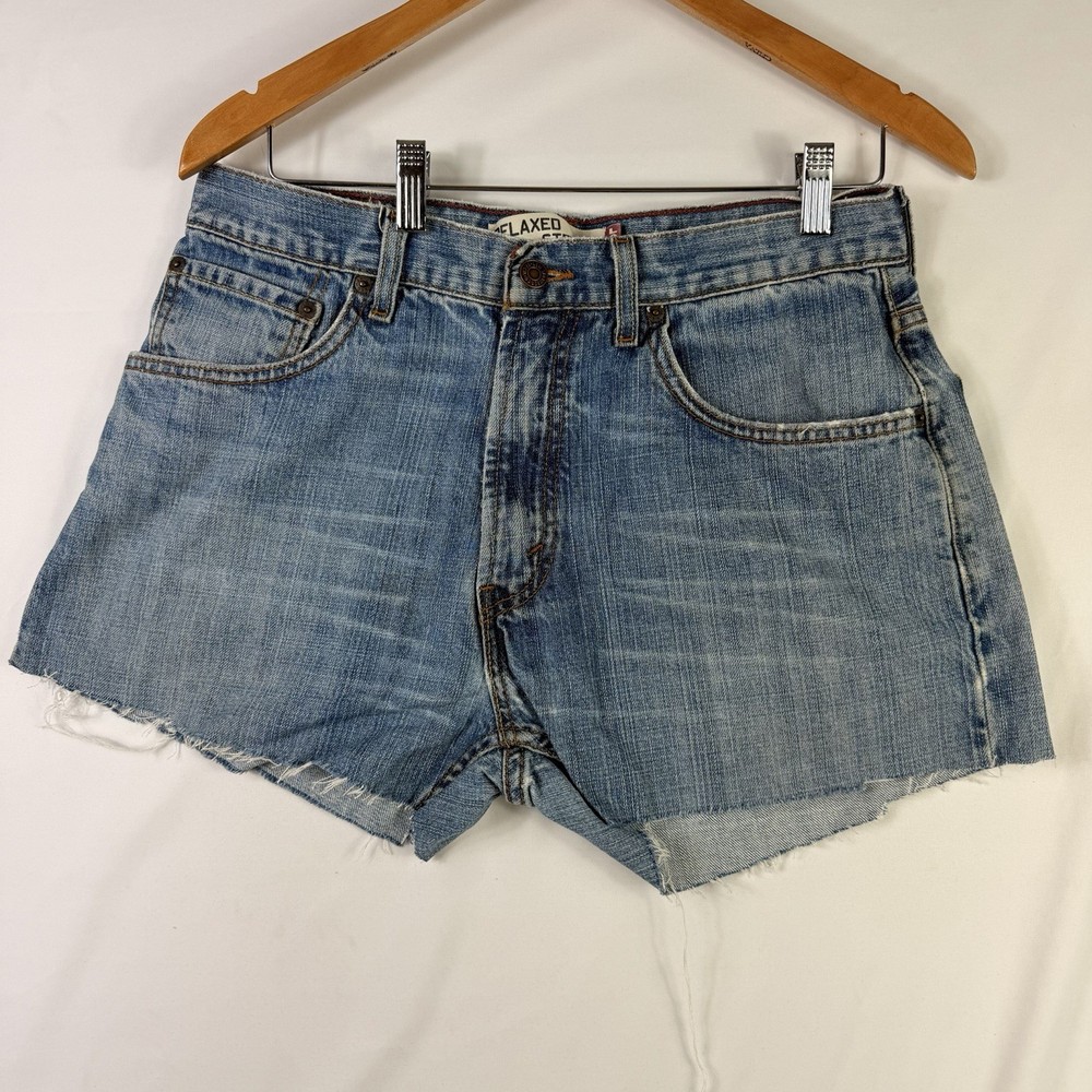 Levi's 559 Shorts Womens 32 Blue Denim Distressed Cut Off Button Fly Frayed Hem