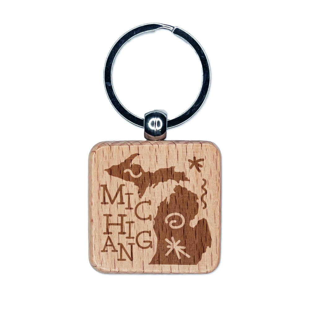 Michigan State Engraved Wood Keychain with Swirls