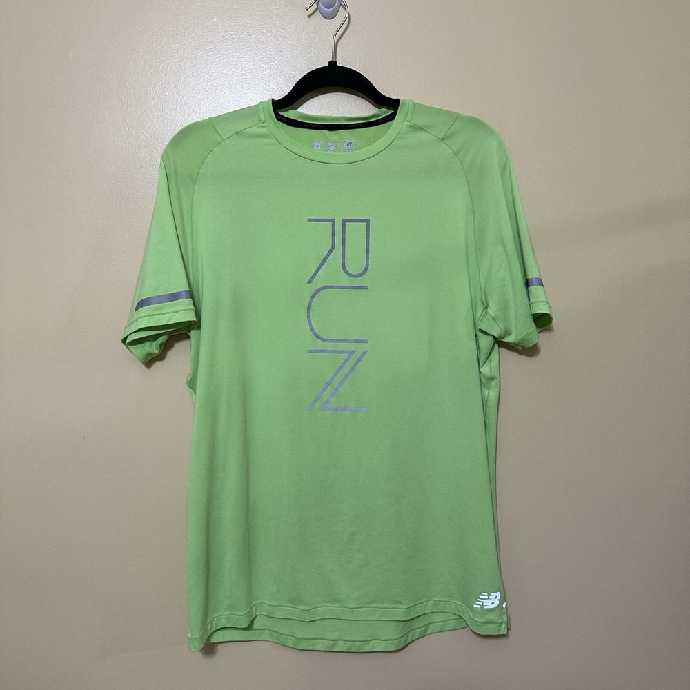New Balance Short Sleeve Lime Green Athletic Reflective Running Shirt Mens Med