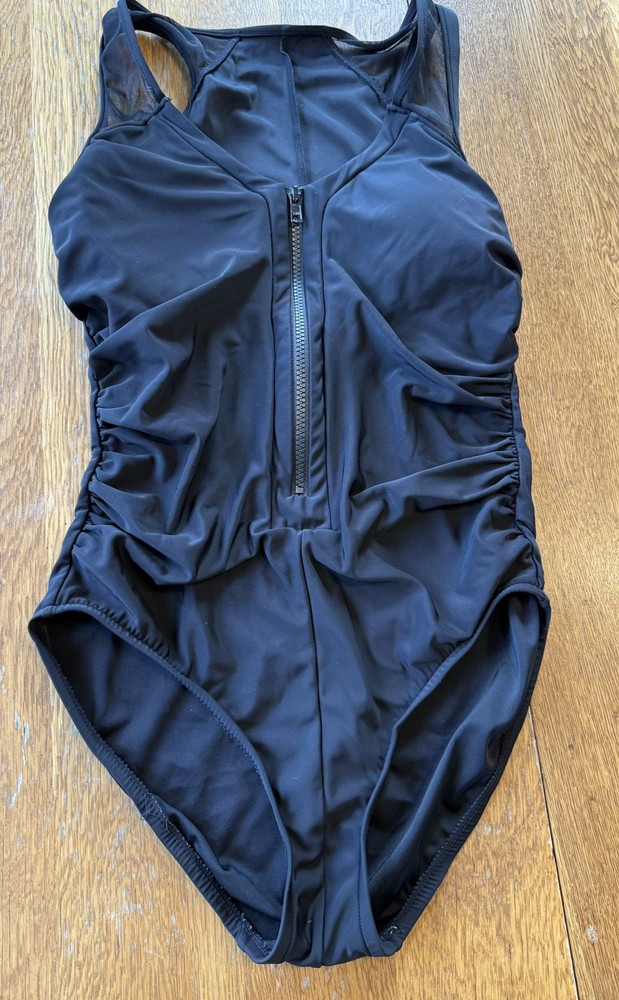 Aqua Green Women's One Piece Swimsuit Black Racerback w/ Front Zipper Preowned