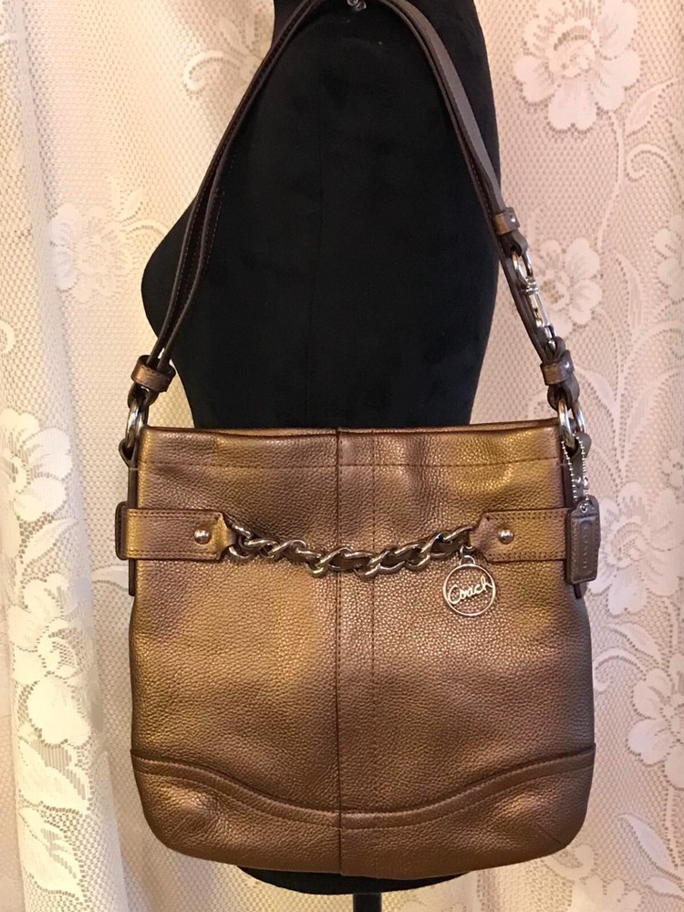 Coach North South Bronze Pebbled Leather Chain Strap Duffle Bag F19722  