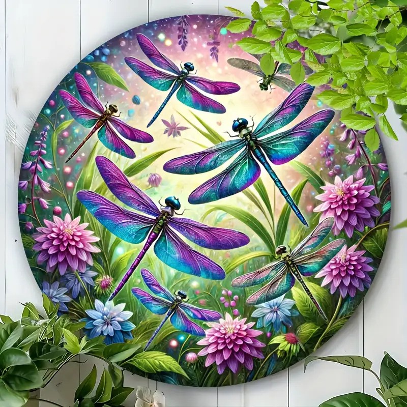 Round Dragonfly Floral Aluminum Wall Art Vibrant Design