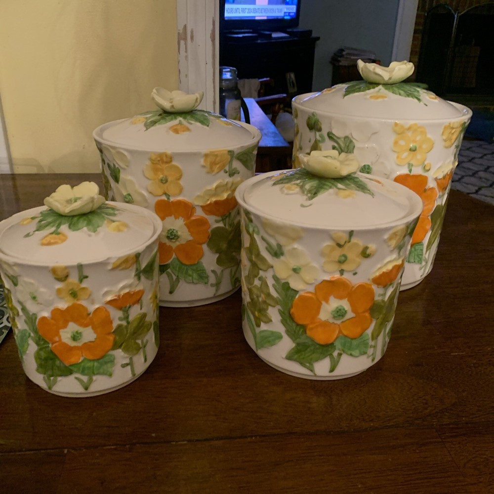 Vintage MCM  1970’s  Lefton  4 Piece  Kitchen Canister Set, Spring Flowers