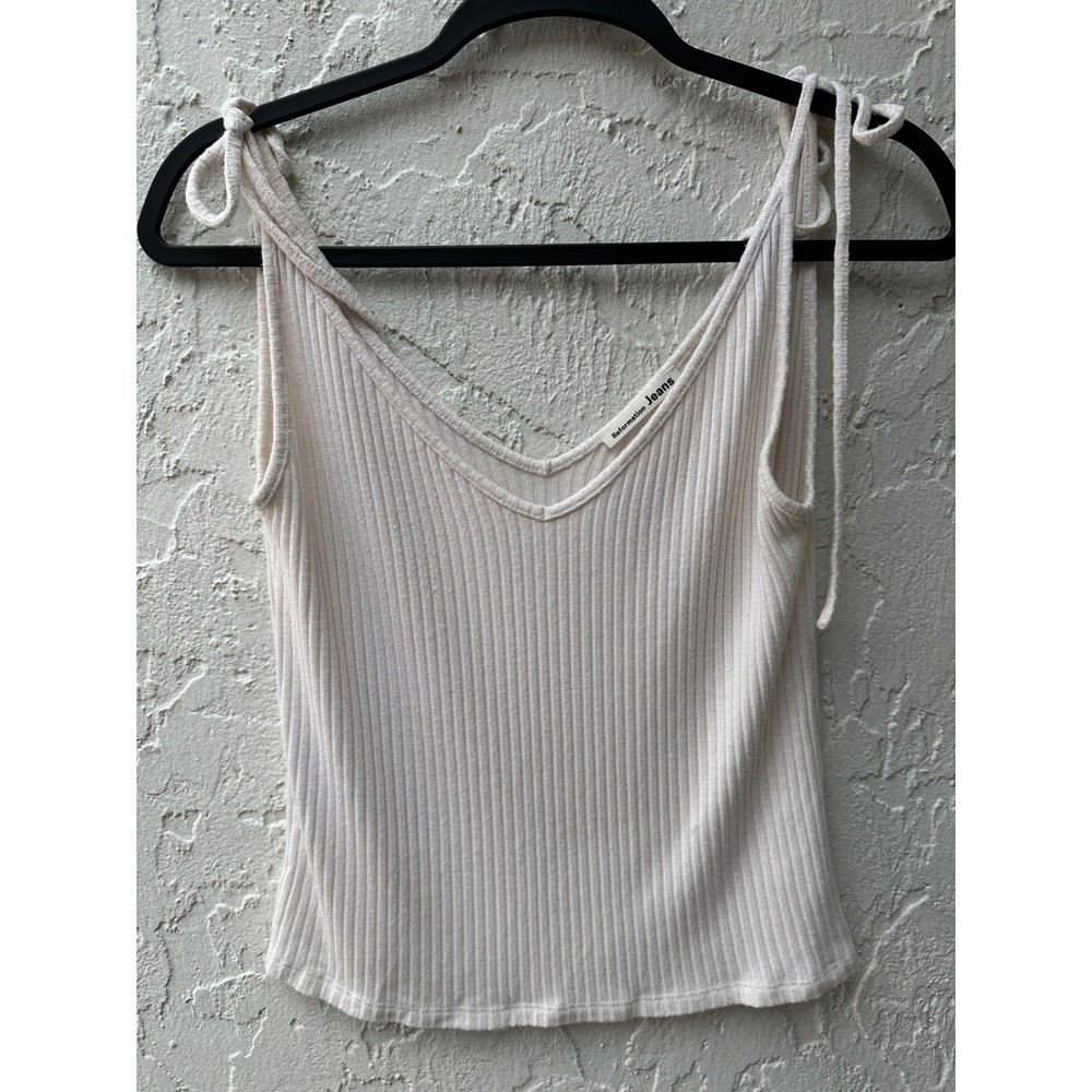 Reformation Cream Ribbed Tie Shoulder V-Neck Tank Top Small Tencel Modal Neutral