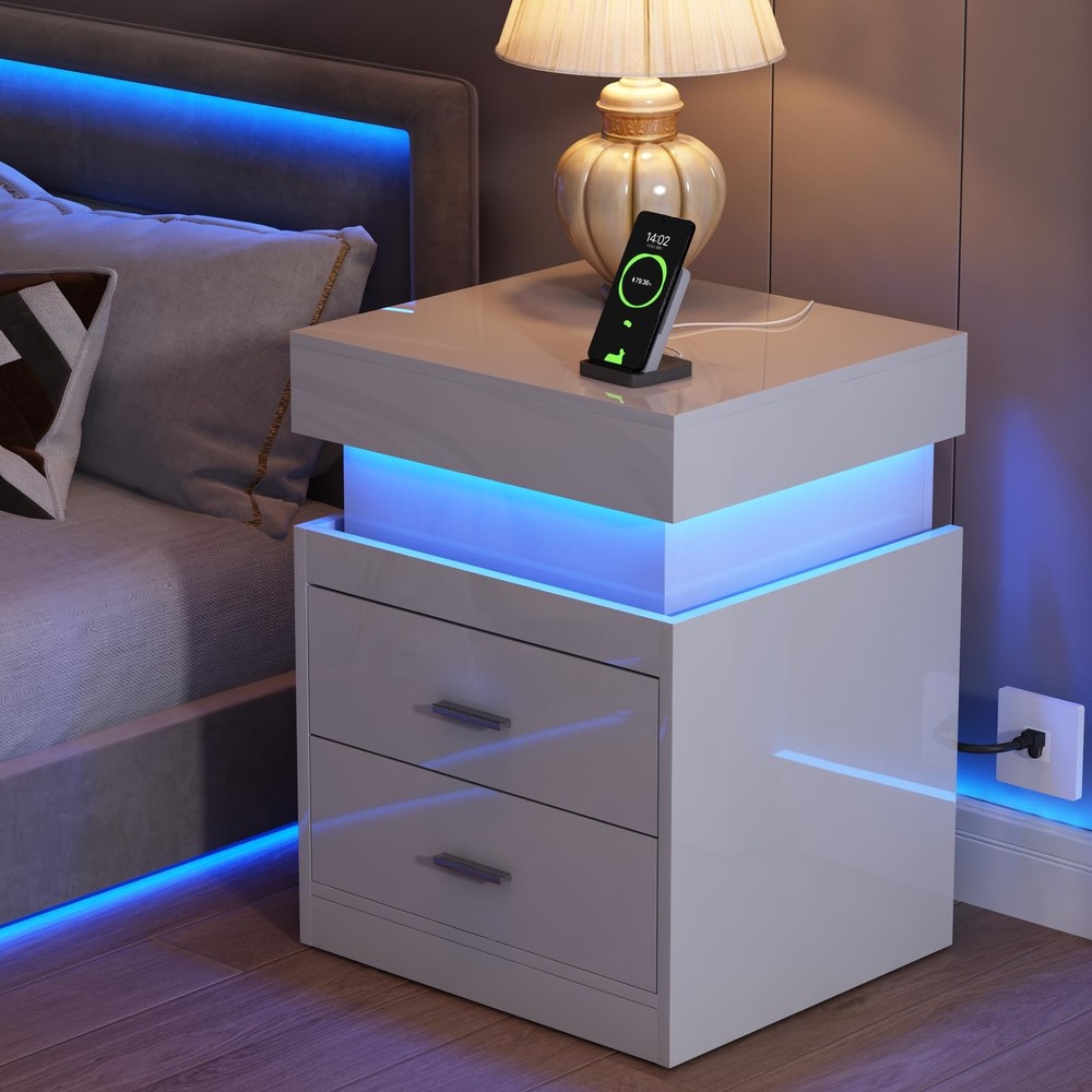 LED Nightstand with Charging Station  Sliding Top, 2-Drawer High-Gloss White