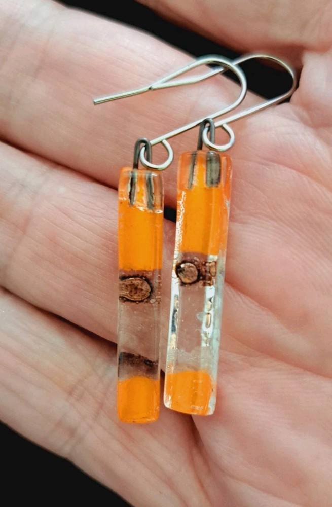 Vintage Sterling Silver Yellow Dichroic Glass Earrings .925 Dangles Orange