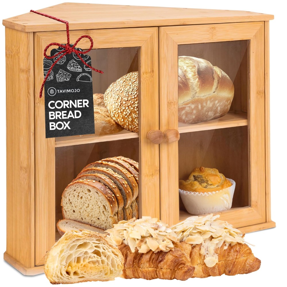 Corner Bread Box For Kitchen Countertop Wooden Bamboo Breadbox Storage Container
