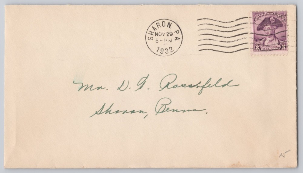 Sharon, PA, circular cancel on envelope with 3c Washington stamp, 1932