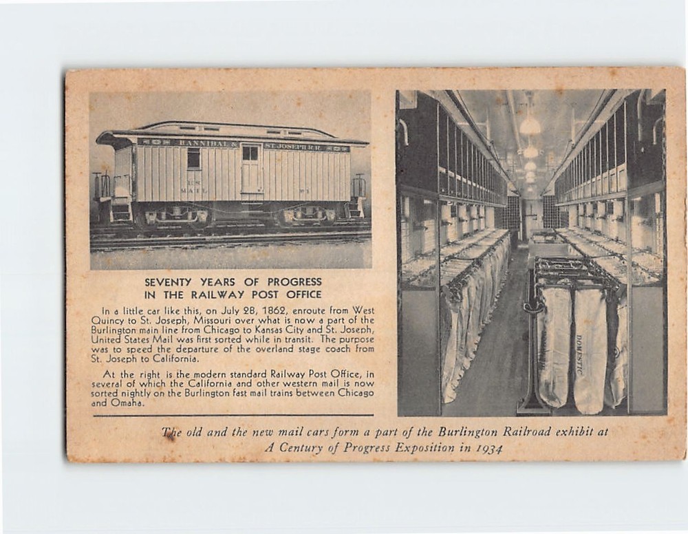 Postcard The Old and New Mail Cars Burlington Railroad Exhibit