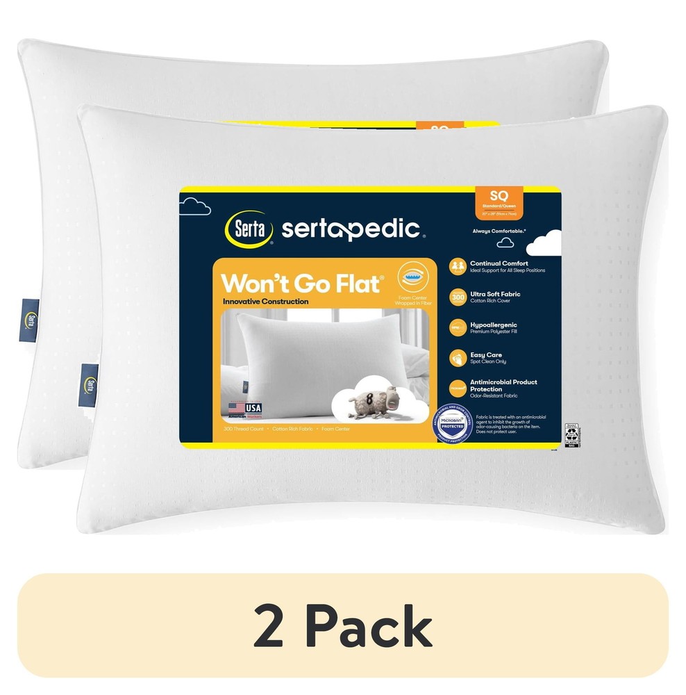 2-Pack Sertapedic Non-Flat Standard Queen Bed Pillow for Lasting Support  