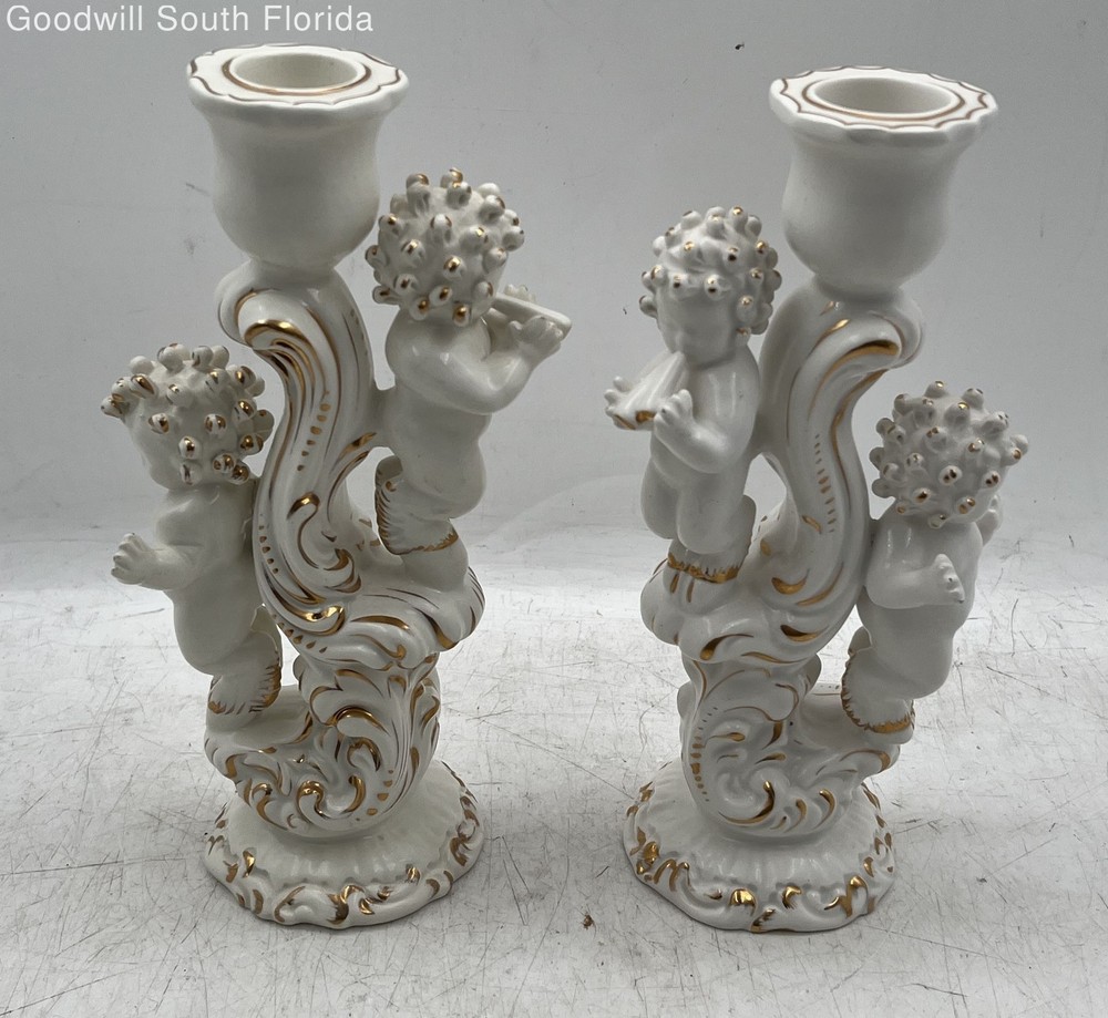 White And Gold Porcelain Cherub Figures Candlestick Holders Set Of 2 Pcs