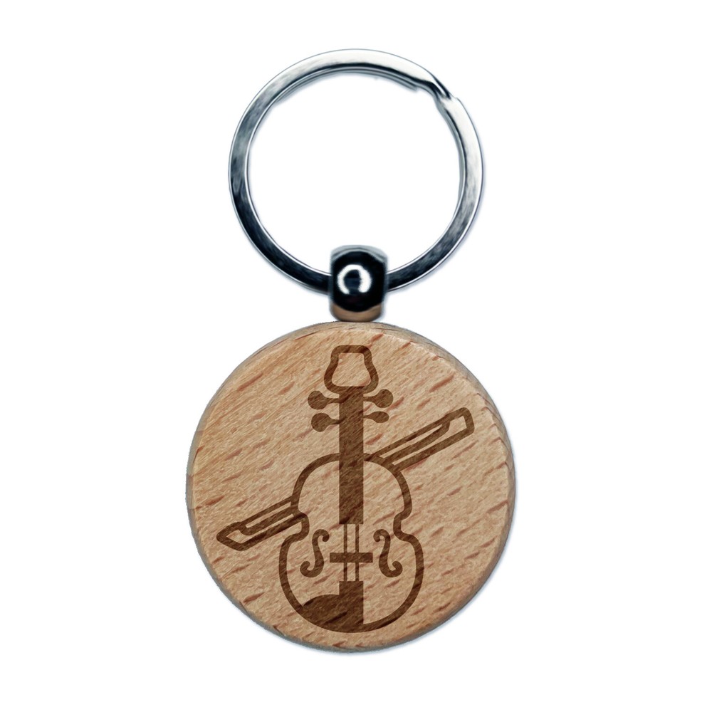 Fun Violin with Bow Icon Engraved Wood Round Keychain Tag Charm