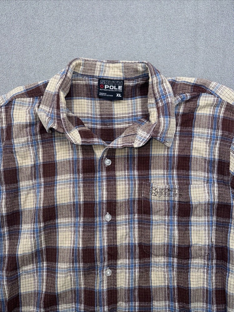 Vtg SouthPole Shirt Mens XL Brown Plaid Flannel Button Down 90s Y2K Hip Hop