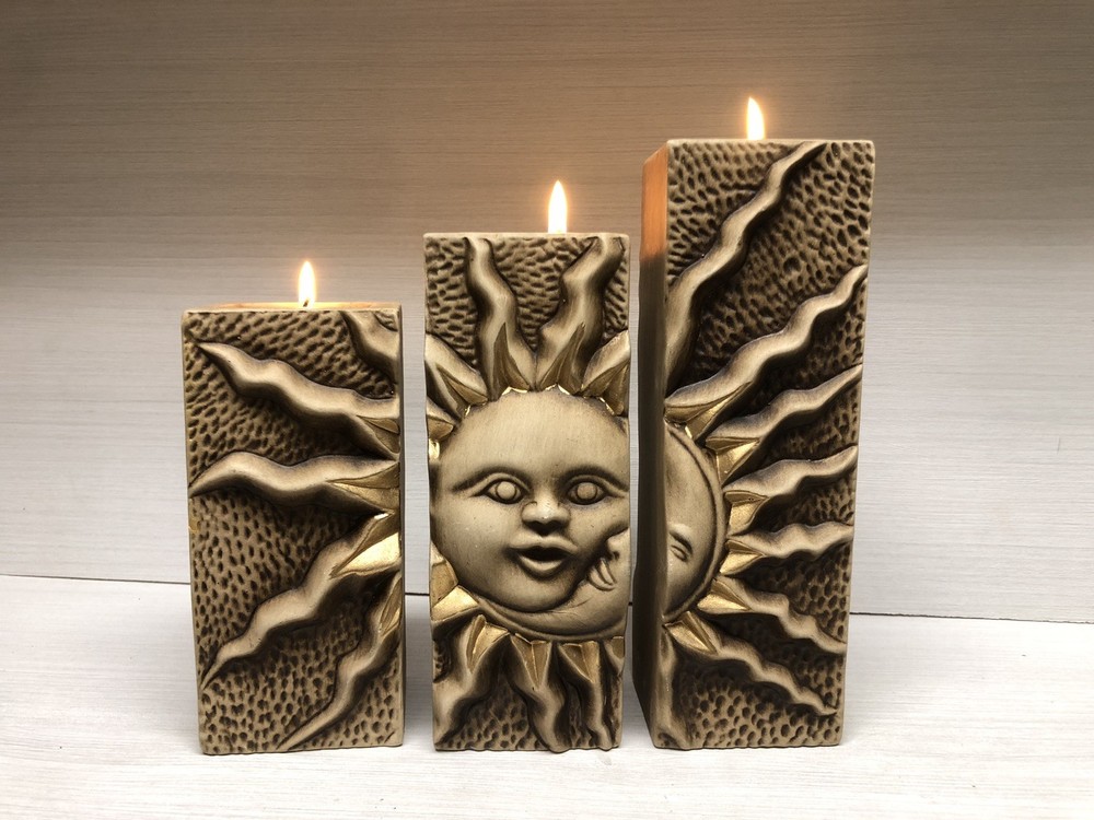 Set of 3 Ceramic Celestial Sun Candle Holders that Form Two Different Scenes