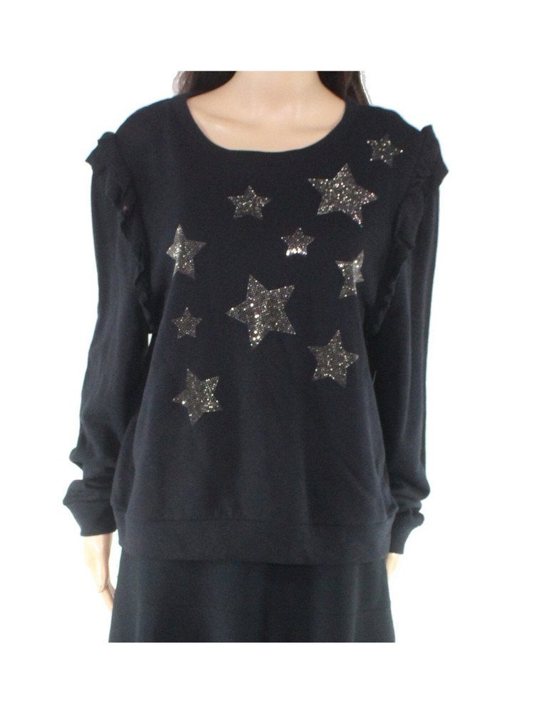 INC Womens Black Ruffled Star Embellished Sweatshirt Size XS