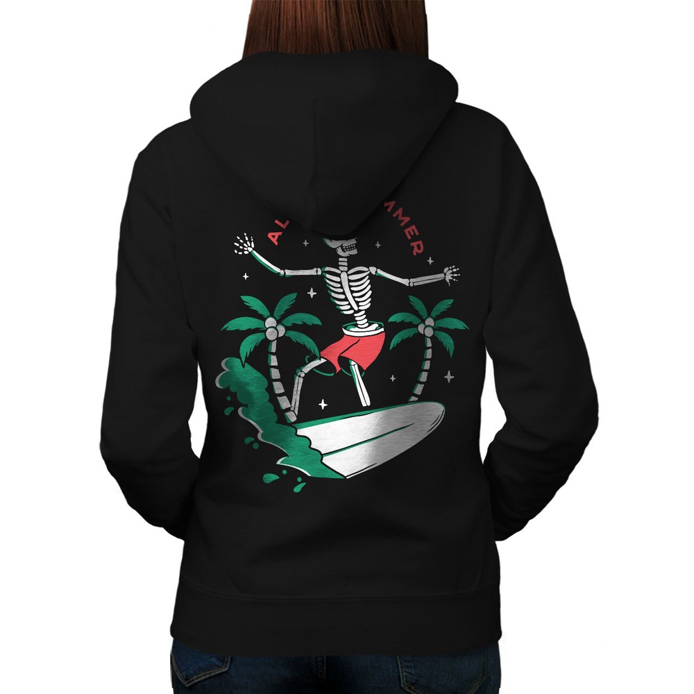 Wellcoda Aloha Summer Skeleton Surfer Womens Hoodie Back