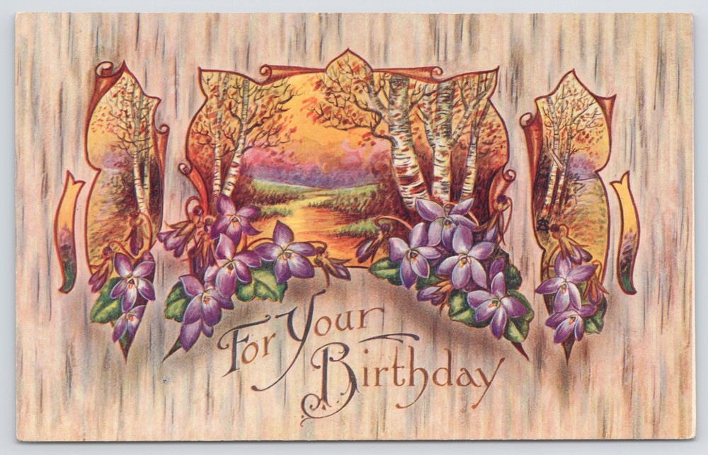 Greetings~Purple Violets & River Scene Birthday Scene~Vintage Postcard