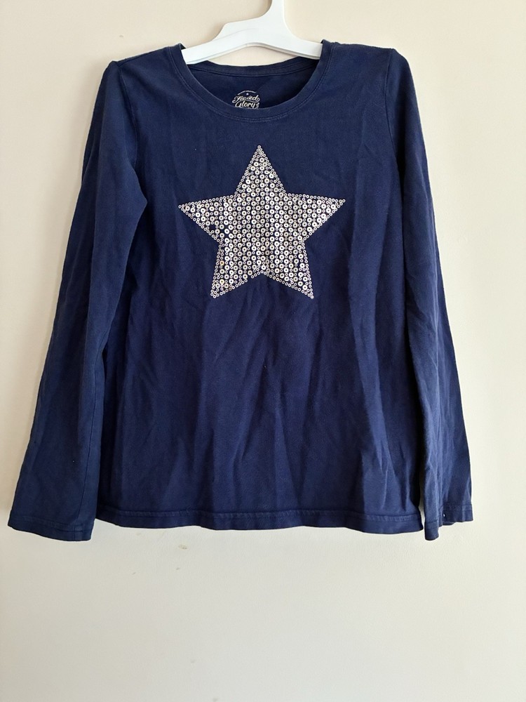 Faded Glory Kid Girl Silver Sequin Star Cotton Crewneck Long Sleeve Shirt Navy M