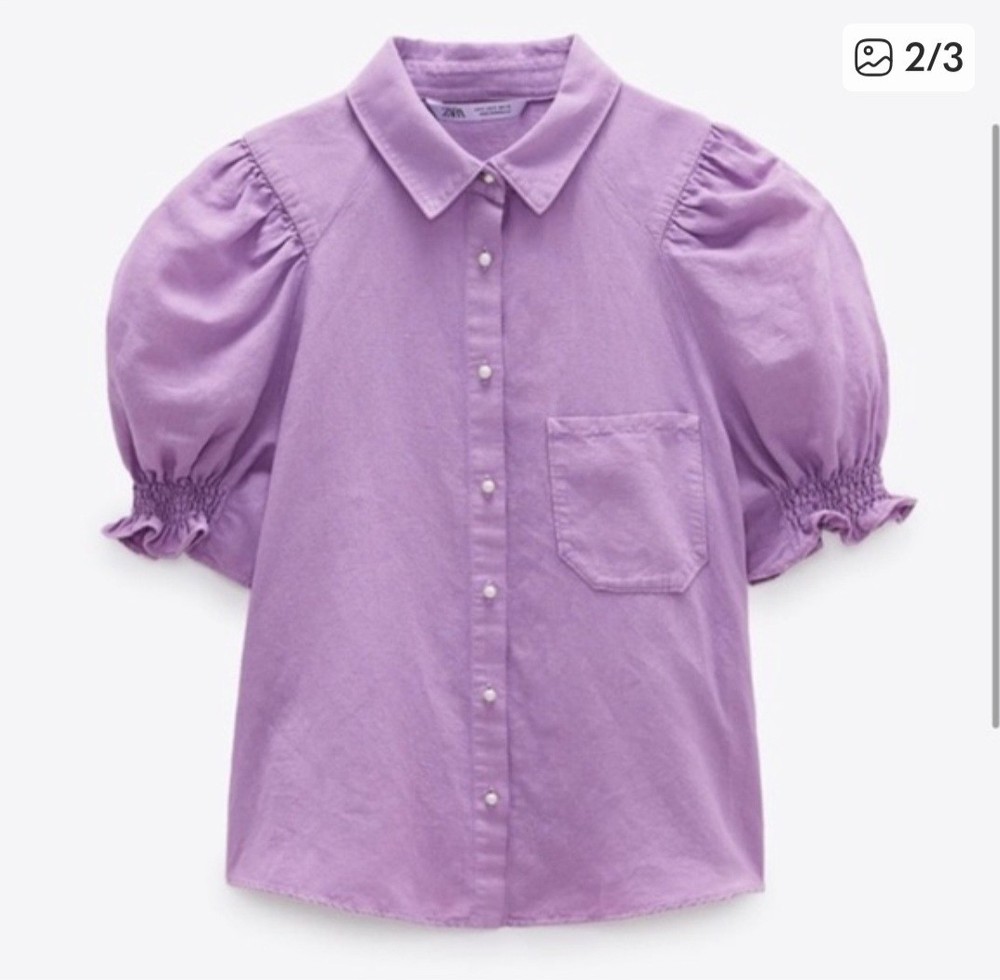 Zara Purple Linen Blend Puff Sleeve Button-Up Blouse Collared XS