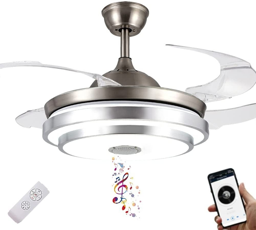 42'' Smart Retractable Ceiling Fans 3 Colors Chandelier w/Bluetooth Music Player