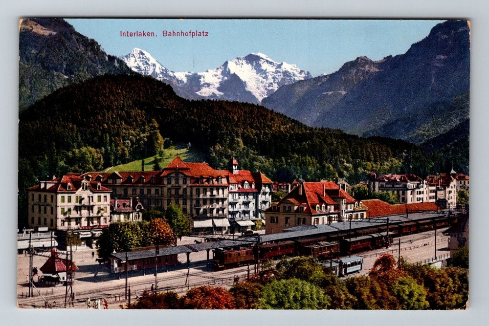 Switzerland- Interlaken Scenic Alps Town Railway View Souvenir Vintage Postcard