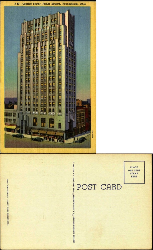 Central Tower Public Square Youngstown OH Ohio vintage cars linen unused