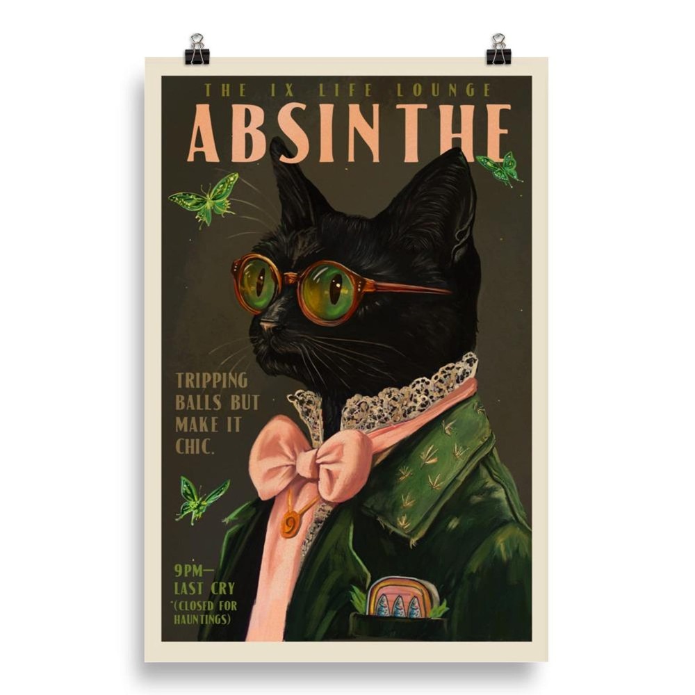 Absinthe Cat Poster Vintage Alcohol Retro Cocktail Bar Wall Art Canvas Decor-image