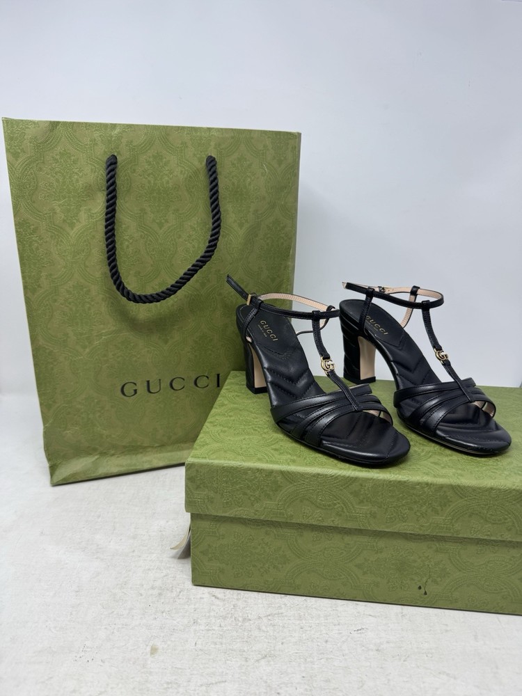 GUCCI Marmont GG Black Leather T-Strap Sandals Size 4 US 34 EU